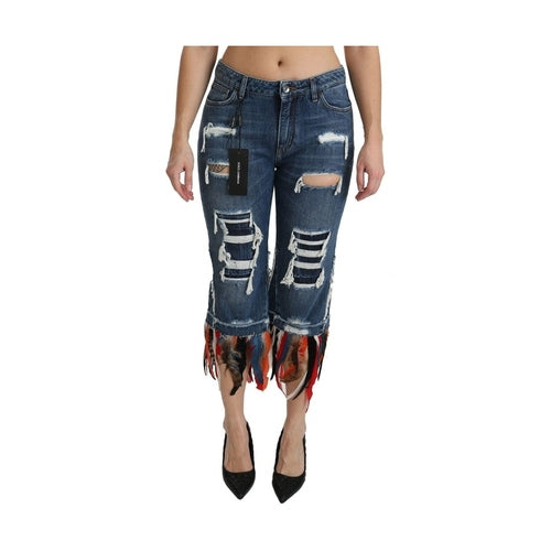 Dolce & Gabbana Blue Feathers Low Waist Cropped Cotton Jeans