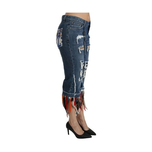 Dolce & Gabbana Blue Feathers Low Waist Cropped Cotton Jeans