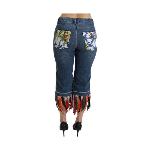 Dolce & Gabbana Blue Feathers Low Waist Cropped Cotton Jeans