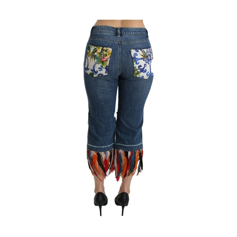 Dolce & Gabbana Blue Feathers Low Waist Cropped Cotton Jeans