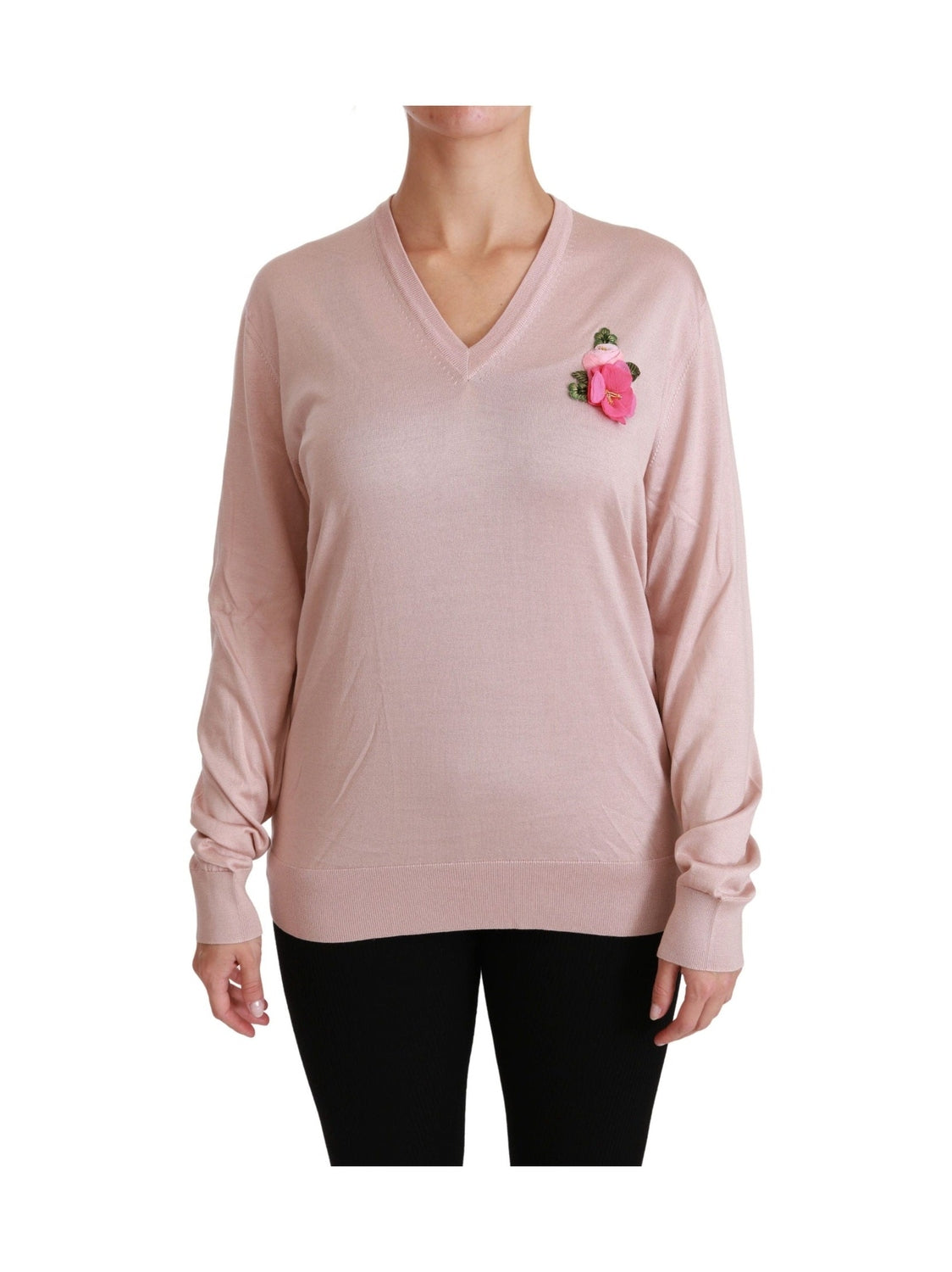 Dolce & Gabbana Pink Floral Embellished Pullover Silk Sweater