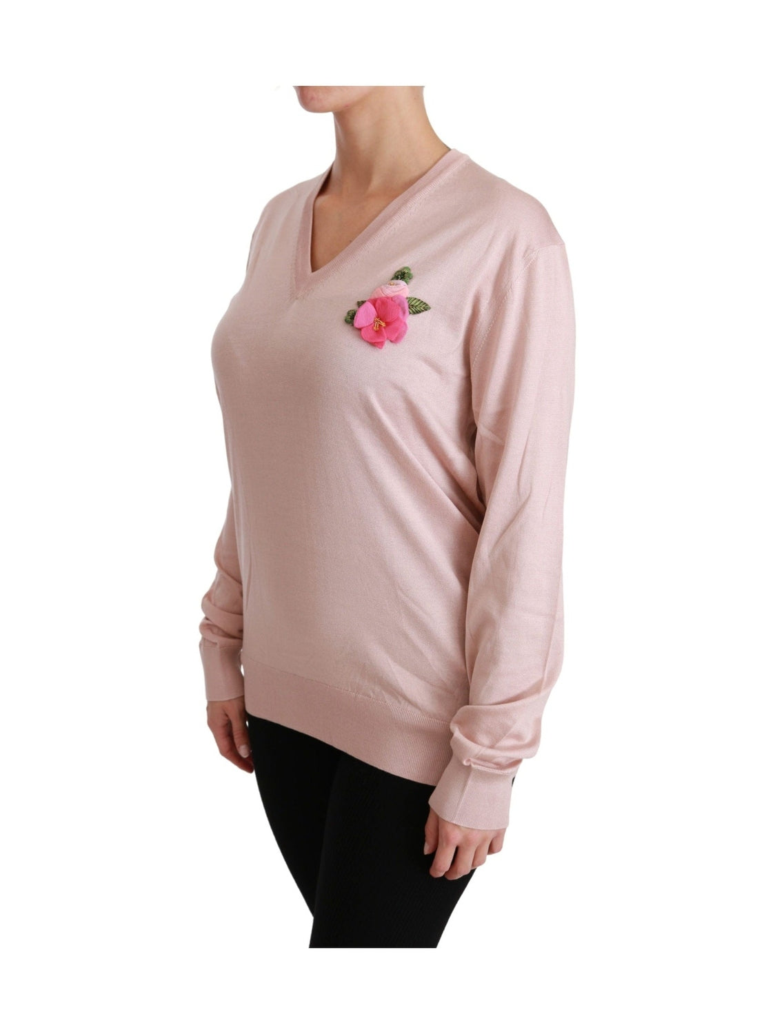 Dolce & Gabbana Pink Floral Embellished Pullover Silk Sweater