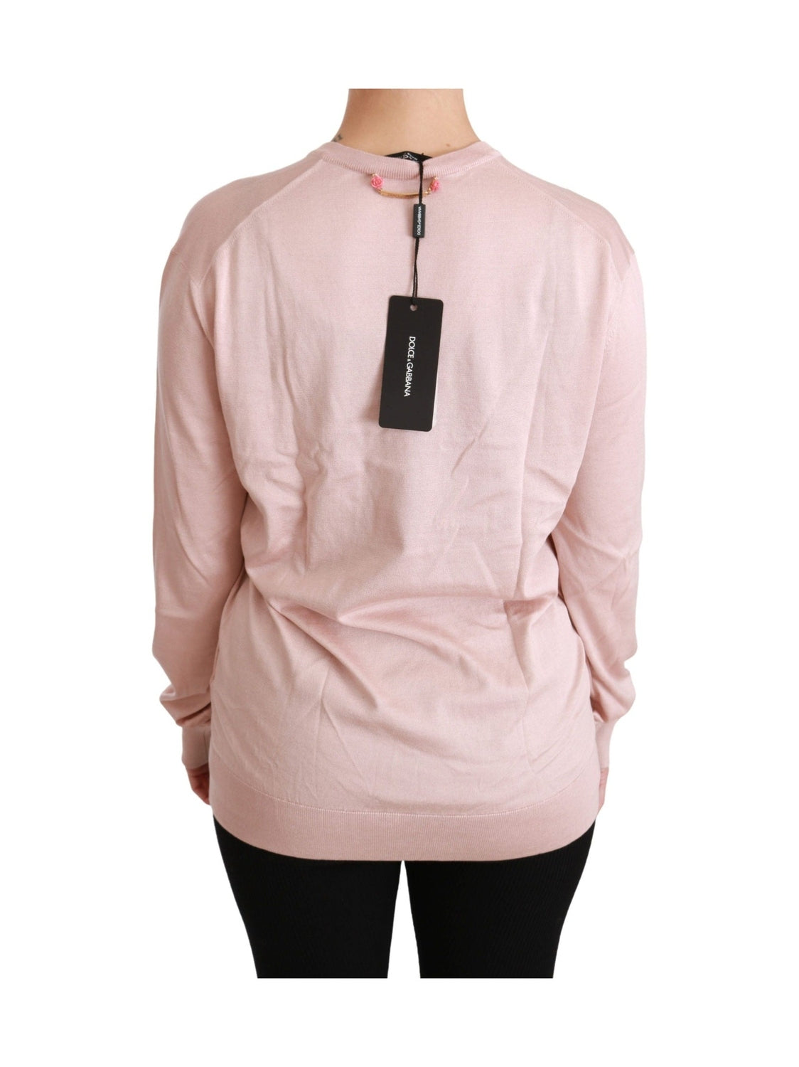 Dolce & Gabbana Pink Floral Embellished Pullover Silk Sweater