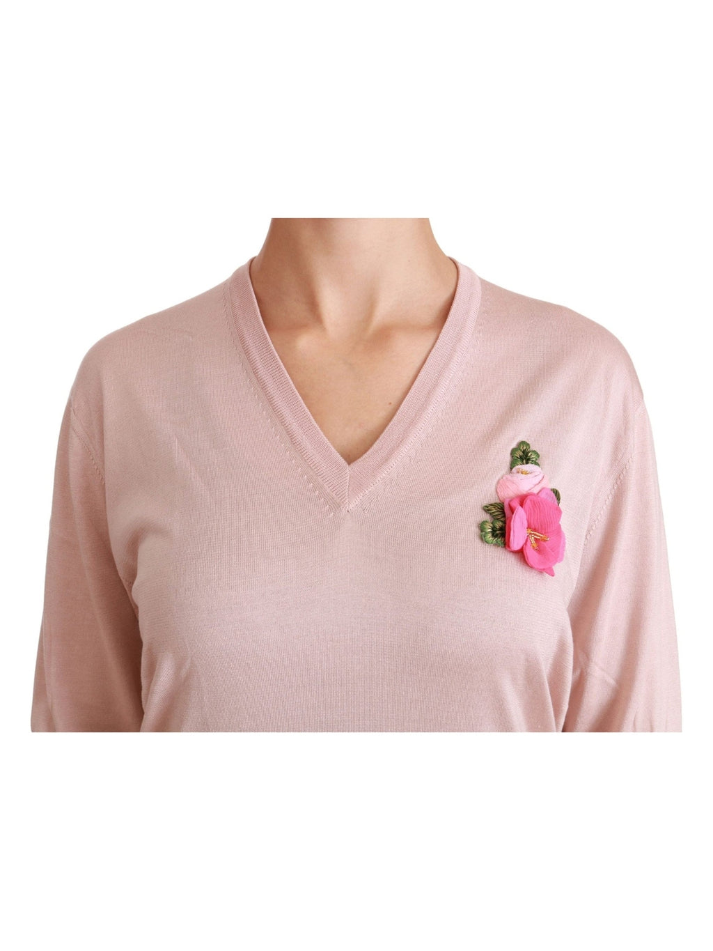Dolce & Gabbana Pink Floral Embellished Pullover Silk Sweater