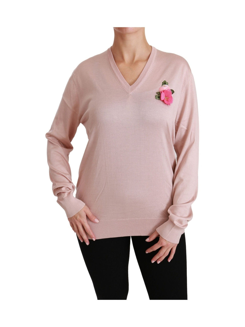 Dolce & Gabbana Pink Floral Embellished Pullover Silk Sweater