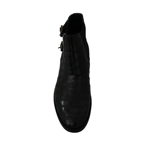 Dolce & Gabbana Black Crocodile Leather Derby Boots Shoes