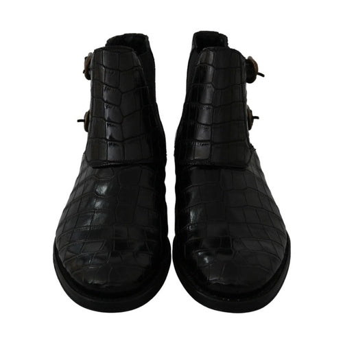 Dolce & Gabbana Black Crocodile Leather Derby Boots Shoes