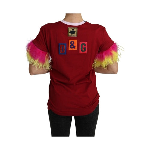 Dolce & Gabbana Red Pig Print Feather Sleeves T-shirt Top