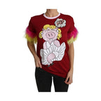 Dolce & Gabbana Red Pig Print Feather Sleeves T-shirt Top