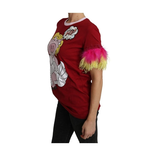 Dolce & Gabbana Red Pig Print Feather Sleeves T-shirt Top