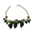 Dolce & Gabbana Green Leaves Gold Brass Crystal Flower Pendant Necklace