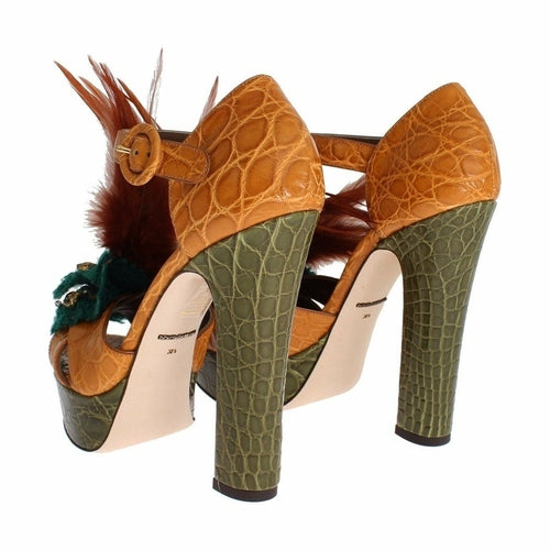 Dolce & Gabbana Orange Leather Crystal Platform Sandal Shoes