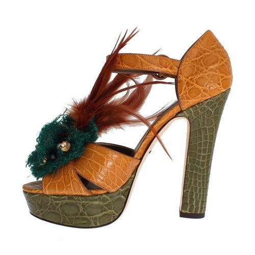 Dolce & Gabbana Orange Leather Crystal Platform Sandal Shoes