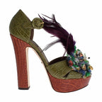 Dolce & Gabbana Green Leather Crystal Platform Sandal Shoes