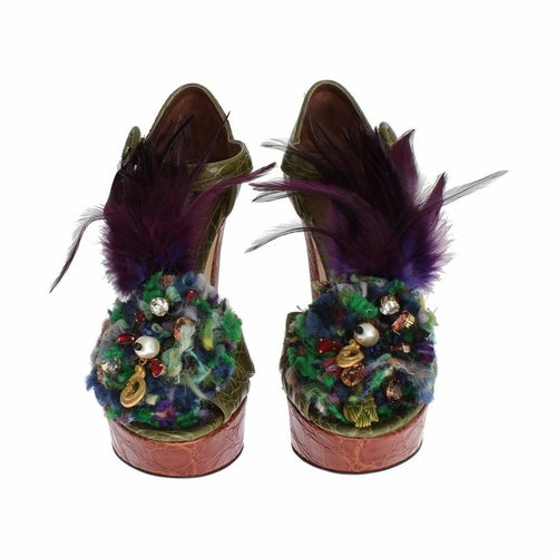 Dolce & Gabbana Green Leather Crystal Platform Sandal Shoes