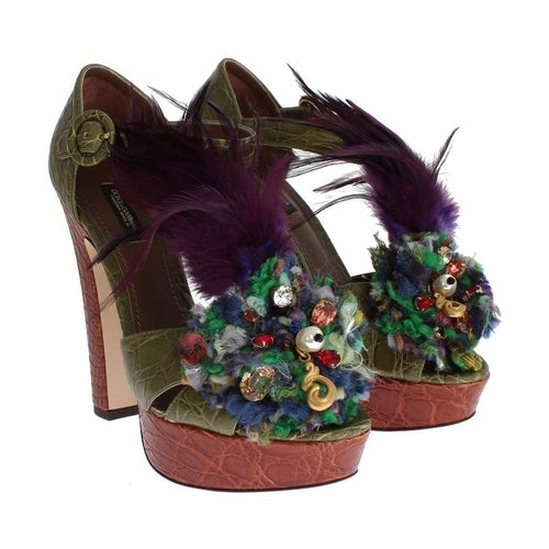 Dolce & Gabbana Green Leather Crystal Platform Sandal Shoes