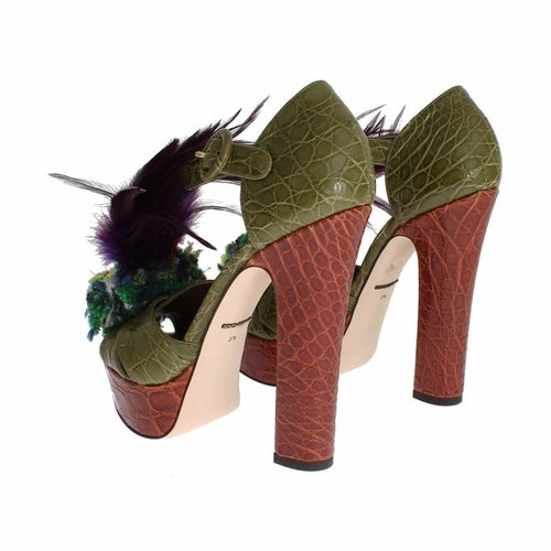 Dolce & Gabbana Green Leather Crystal Platform Sandal Shoes