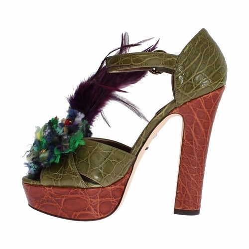 Dolce & Gabbana Green Leather Crystal Platform Sandal Shoes