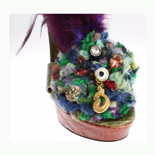 Dolce & Gabbana Green Leather Crystal Platform Sandal Shoes