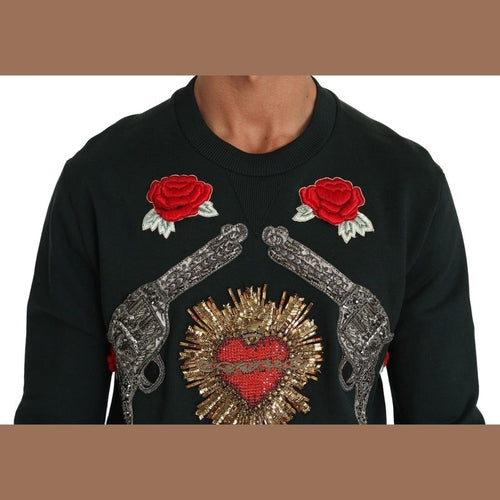 Dolce & Gabbana Green Crystal Heart Roses Gun Sweater