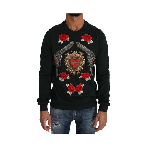 Dolce & Gabbana Green Crystal Heart Roses Gun Sweater