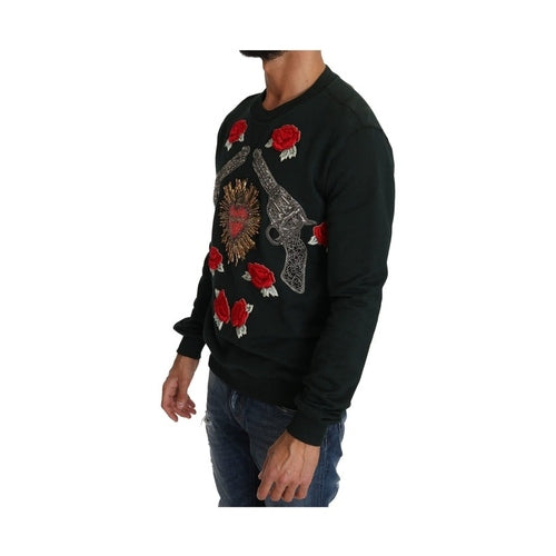Dolce & Gabbana Green Crystal Heart Roses Gun Sweater