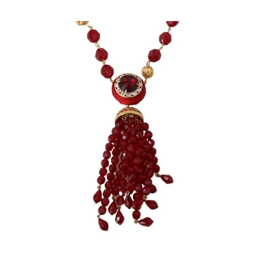 Dolce & Gabbana Gold Tone Brass Red Crystals Pendant Opera Chain  Necklace