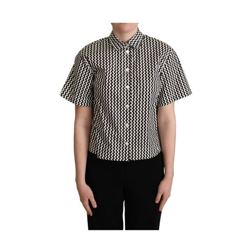 Dolce & Gabbana Black White Zigzag Collar Cotton Top Shirt