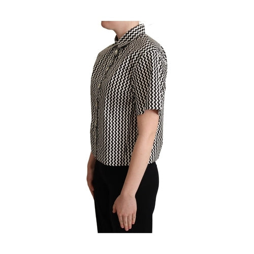 Dolce & Gabbana Black White Zigzag Collar Cotton Top Shirt