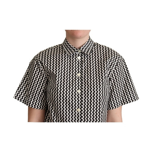 Dolce & Gabbana Black White Zigzag Collar Cotton Top Shirt