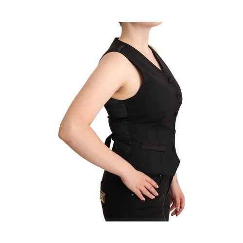 Black Button Down Sleeveless Viscose Vest Top