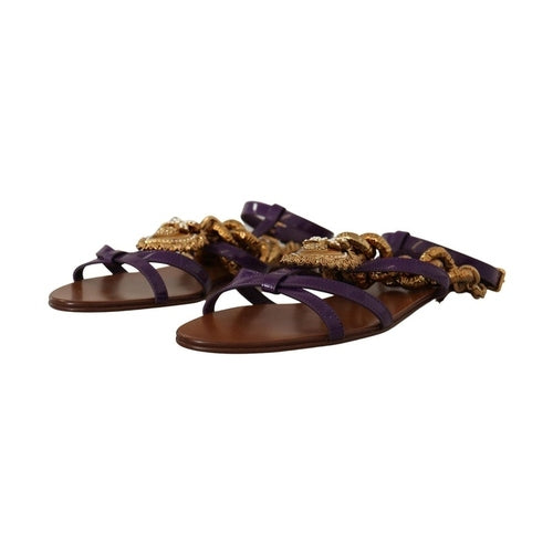 Dolce & Gabbana Purple Leather Devotion Flats Sandals Shoes