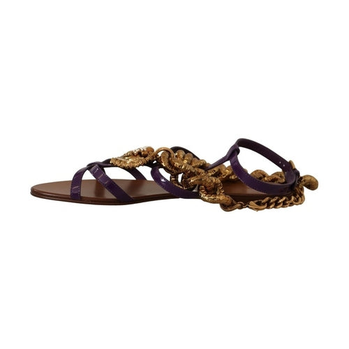 Dolce & Gabbana Purple Leather Devotion Flats Sandals Shoes