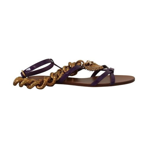 Dolce & Gabbana Purple Leather Devotion Flats Sandals Shoes
