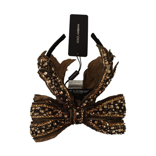 Dolce & Gabbana Gold Crystal Beaded Sequined Silk Bow Headband Diadem