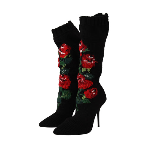 Dolce & Gabbana Black Stretch Socks Red Roses Booties Shoes