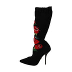 Dolce & Gabbana Black Stretch Socks Red Roses Booties Shoes