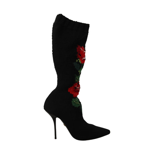 Dolce & Gabbana Black Stretch Socks Red Roses Booties Shoes