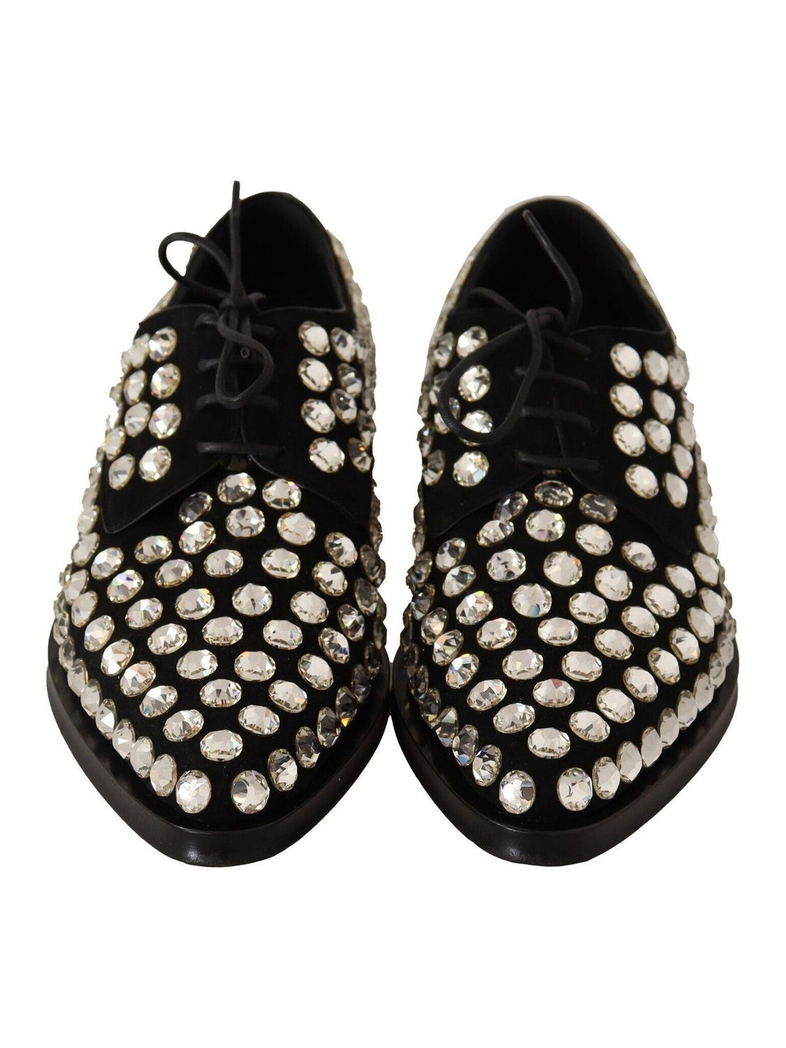 Dolce & Gabbana Black Leather Crystals Lace Up Formal Shoes