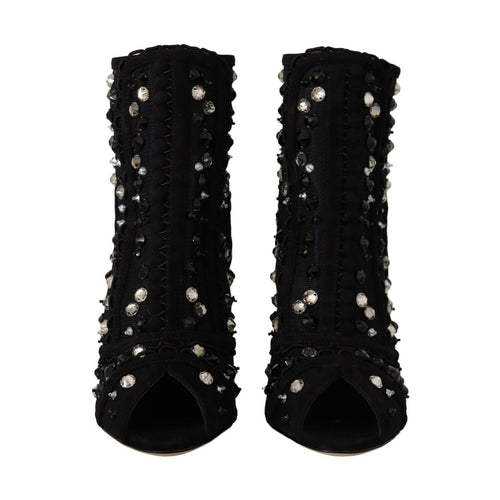 Dolce & Gabbana Black Crystals Heels Zipper Short Boots Shoes