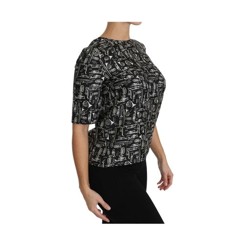 Dolce & Gabbana Black Musical Instruments Print Silk Blouse
