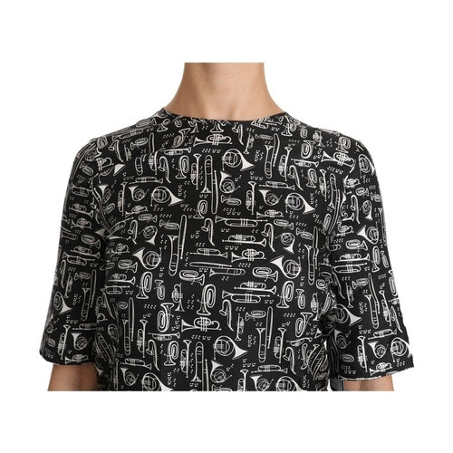 Dolce & Gabbana Black Musical Instruments Print Silk Blouse