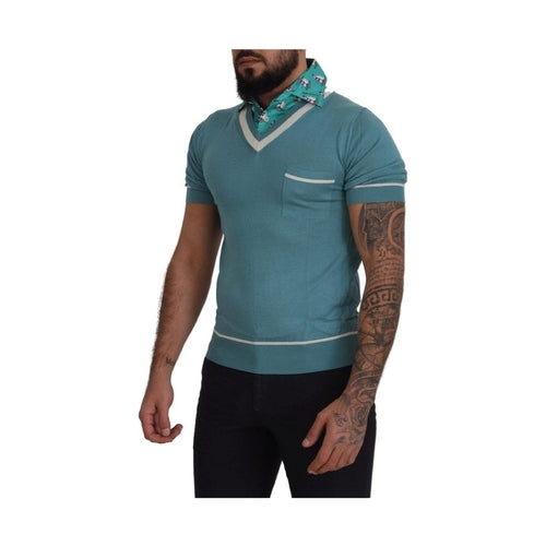 Dolce & Gabbana Blue Silk Polo Top Mens V-neck  T-shirt