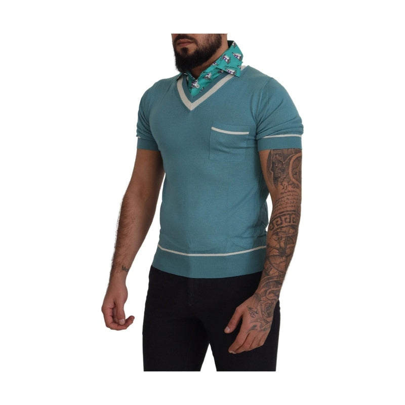 Dolce & Gabbana Blue Silk Polo Top Mens V-neck  T-shirt