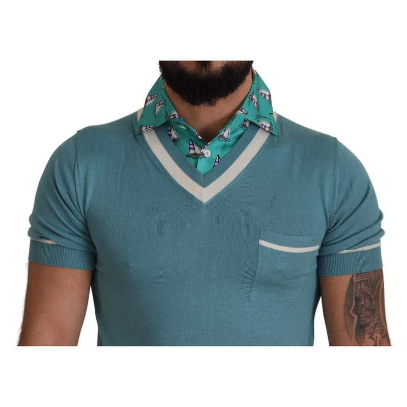 Dolce & Gabbana Blue Silk Polo Top Mens V-neck  T-shirt