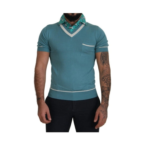 Dolce & Gabbana Blue Silk Polo Top Mens V-neck  T-shirt