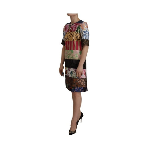 Dolce & Gabbana Multicolor Pachwork Floral Sheath Jaquard Mini Gown Dress