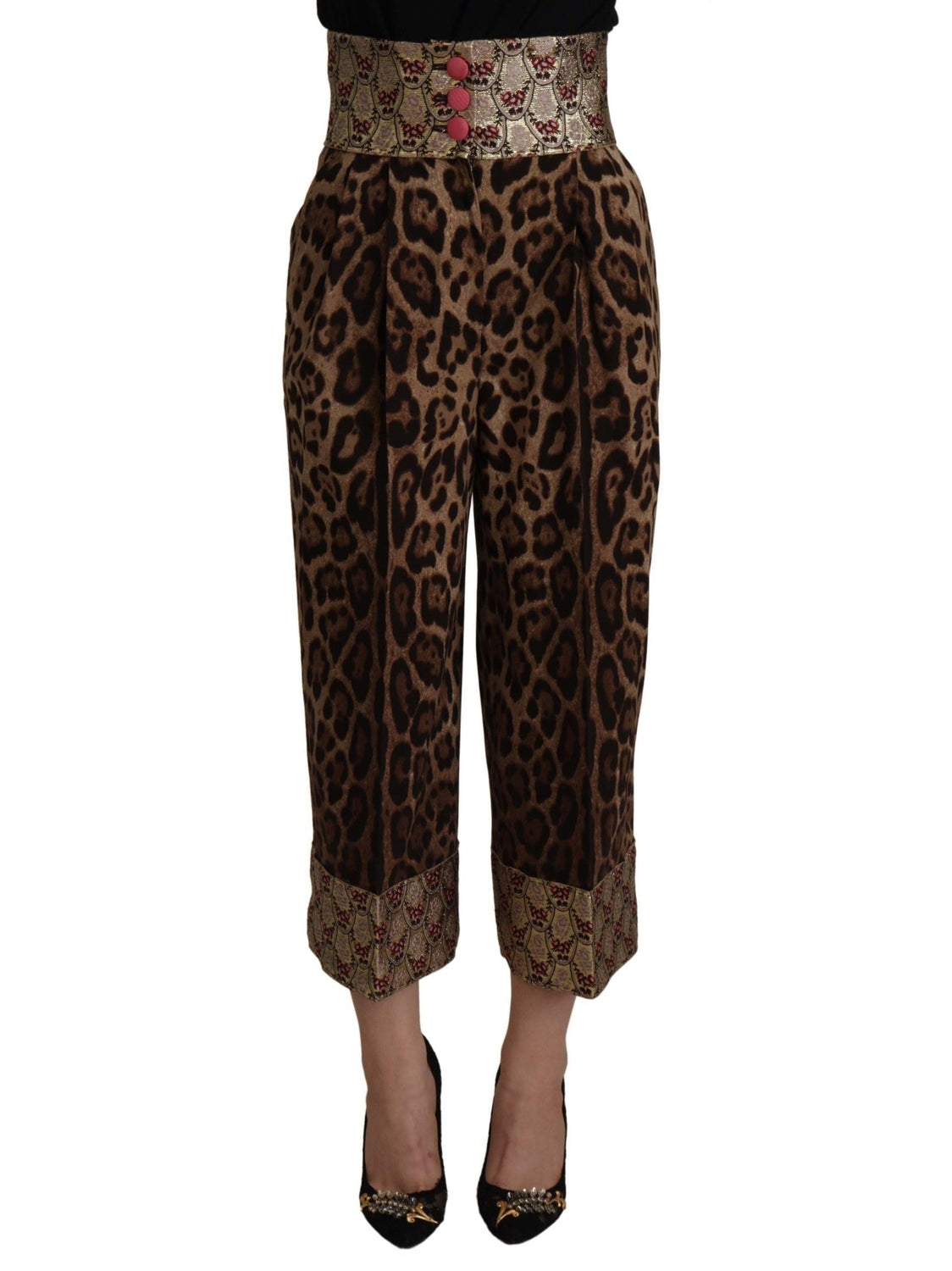 Dolce & Gabbana Brown Leopard Gold Jacquard High Waist Pants