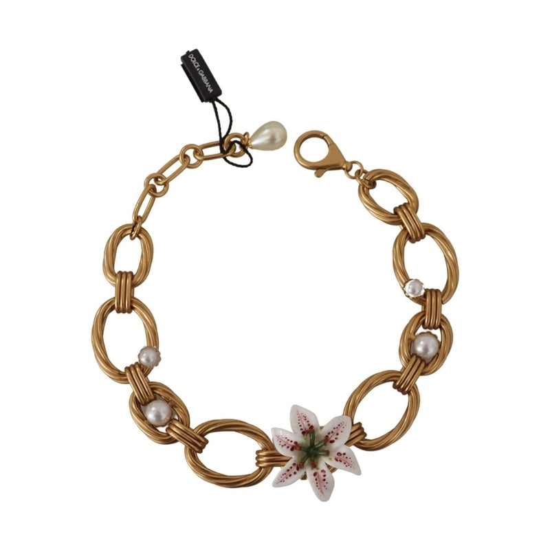 Dolce & Gabbana Gold White Lily Floral Chain Statement Necklace