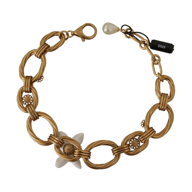 Dolce & Gabbana Gold White Lily Floral Chain Statement Necklace